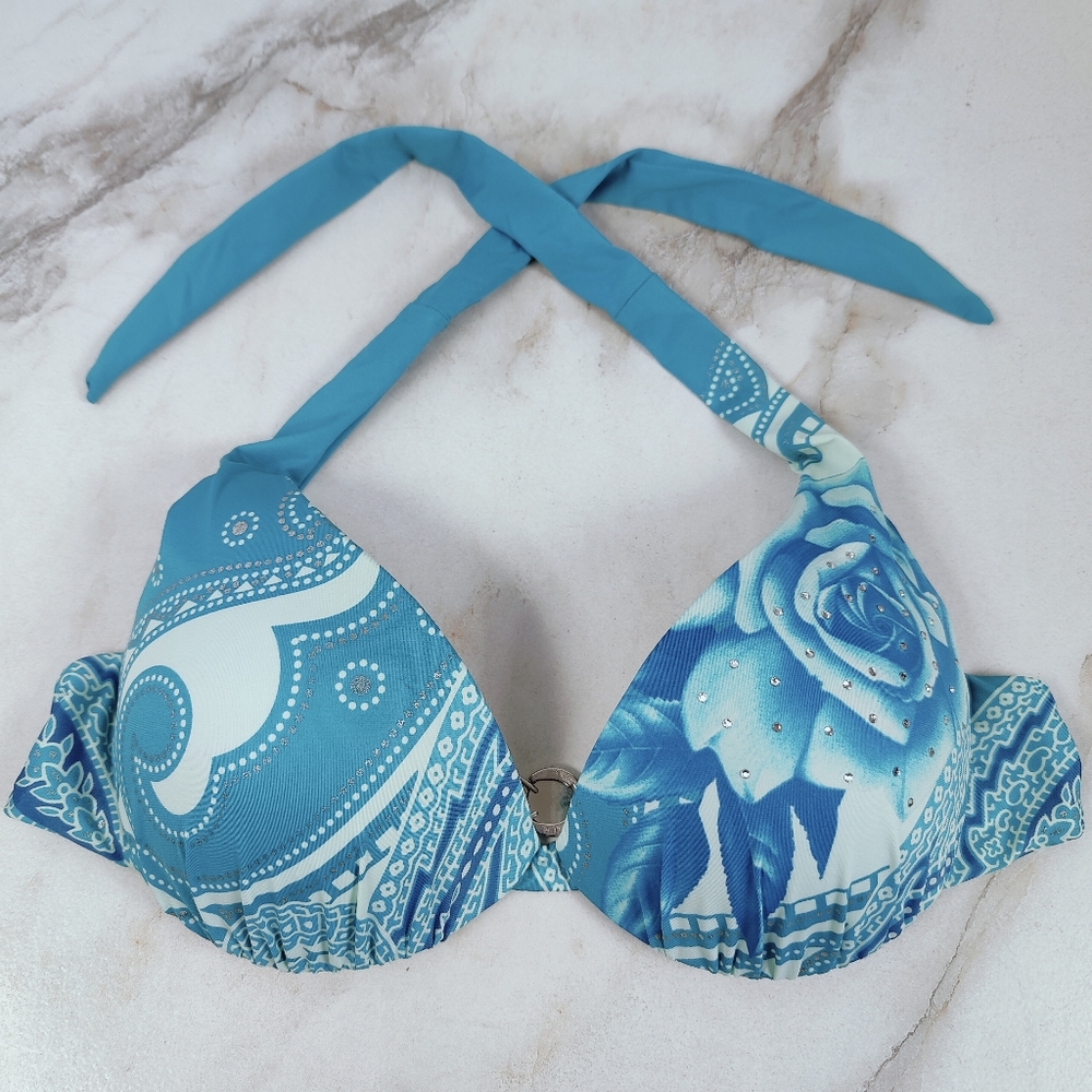 Magistral Hungary Blue Paisley Rhinestone Halter Molded Cups Bikini Top, 34C
